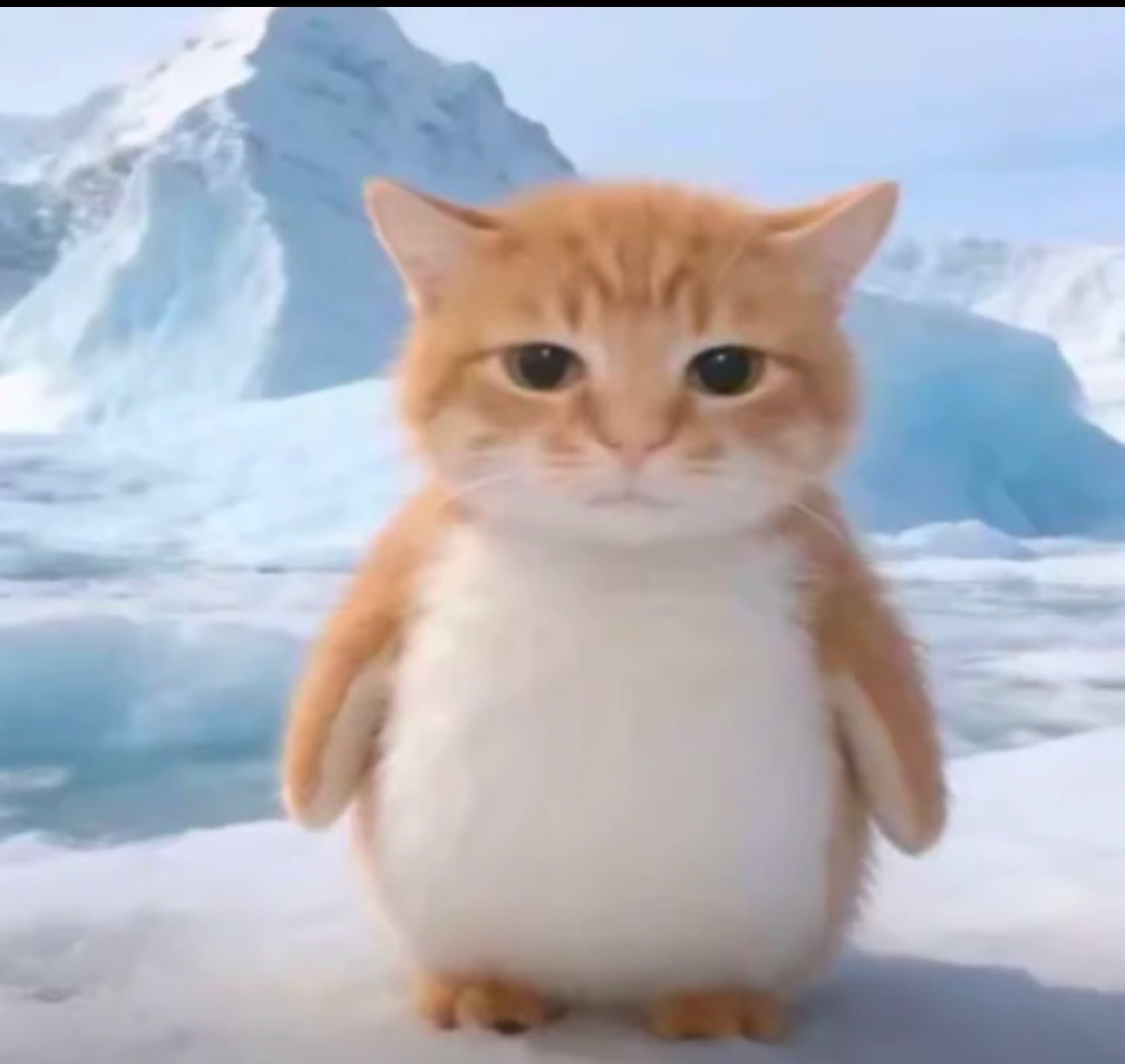 Un chat orange avec un corps de pingouin sur un glacier
