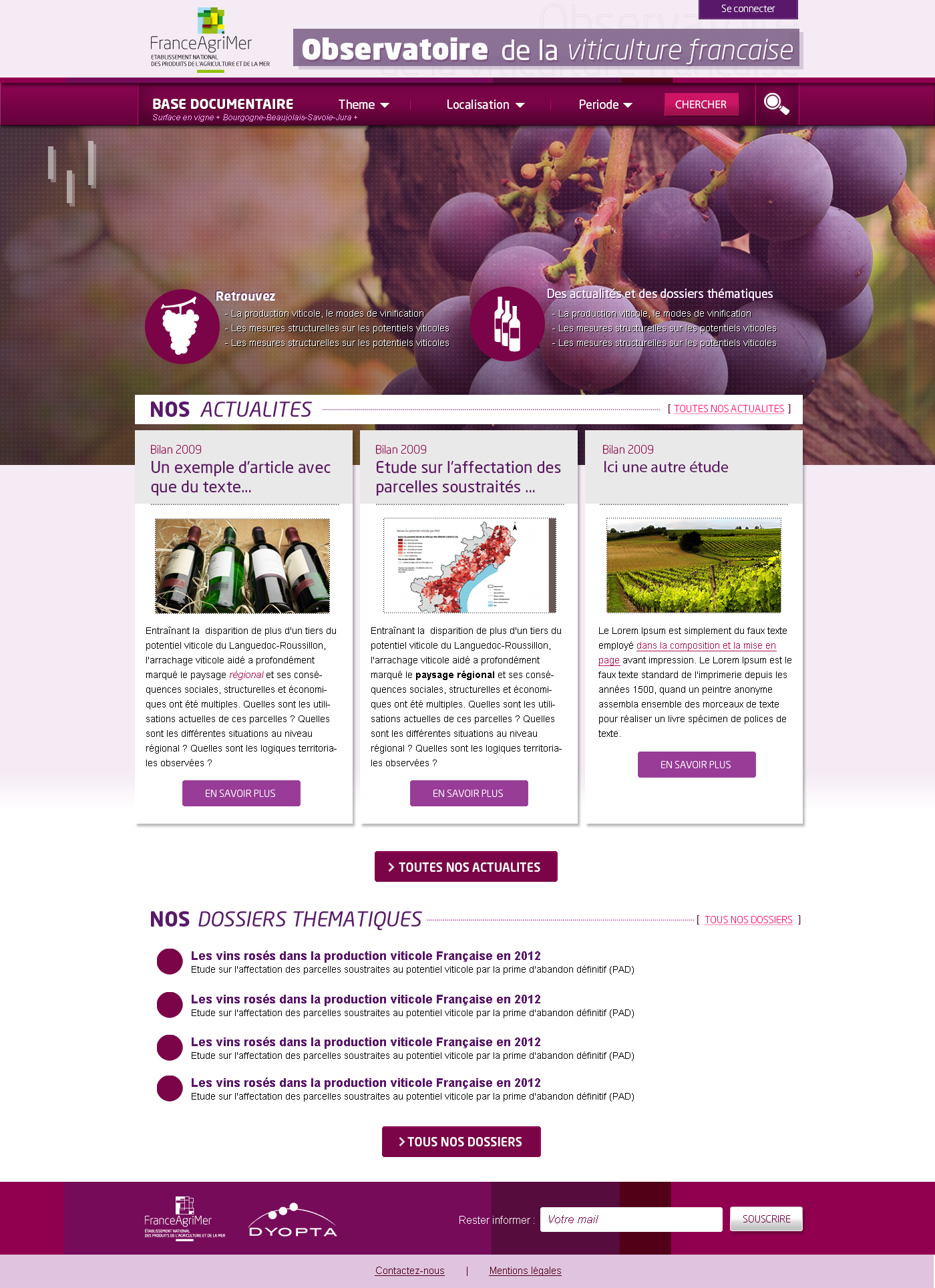 Maquette graphique du site Observatoire de la viticulture française : bandeau violet, photo de raisin, articles d'actualité